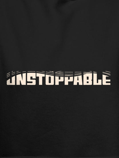 Close up of 'Unstoppable' design on Women's Dark Grey Hoodie Sweatshirt, highlighting intricate details and vibrant print.