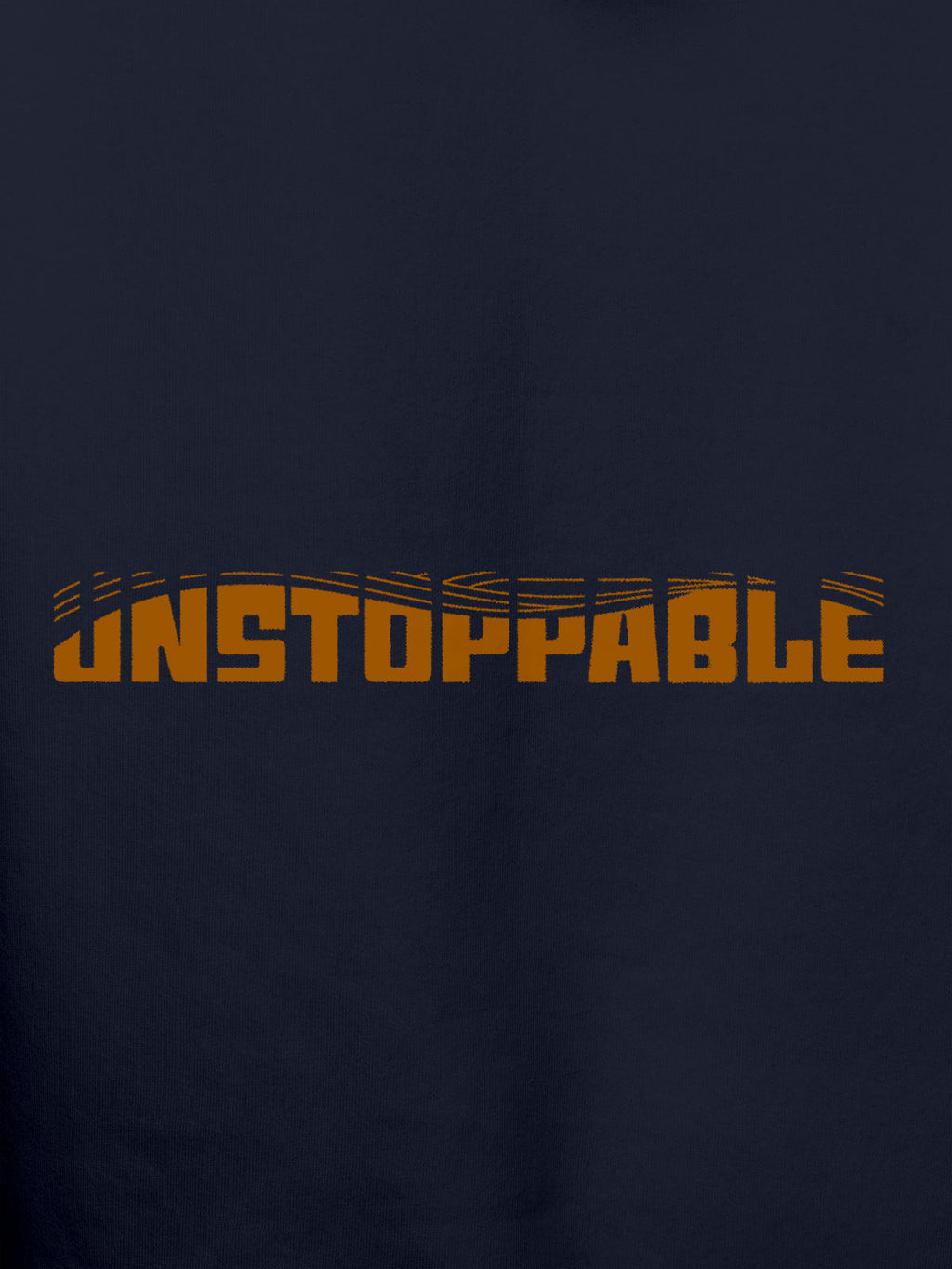 Close up of 'Unstoppable' design on Men's Navy Blue Hoodie Sweatshirt, highlighting intricate details and vibrant print.