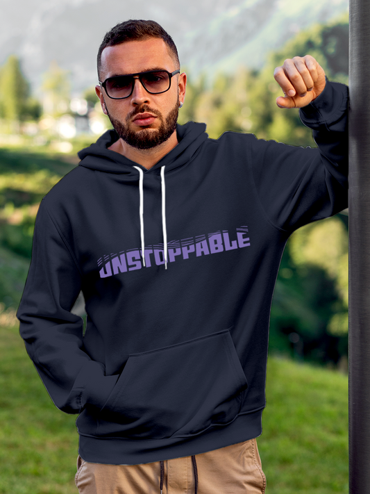 Fighterhero Hoodie Collection: Model wearing Men's Navy Blue Hoodie Sweatshirt with 'Unstoppable' design