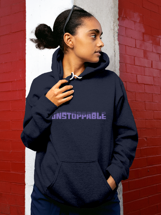 Fighterhero Hoodie Collection: Model wearing Women's Navy Blue Hoodie Sweatshirt with 'Unstoppable' design