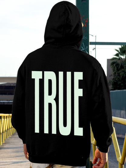 Model wearing Men's Black Hoodie Sweatshirt with 'Truth' design, offering effortless style and premium comfort