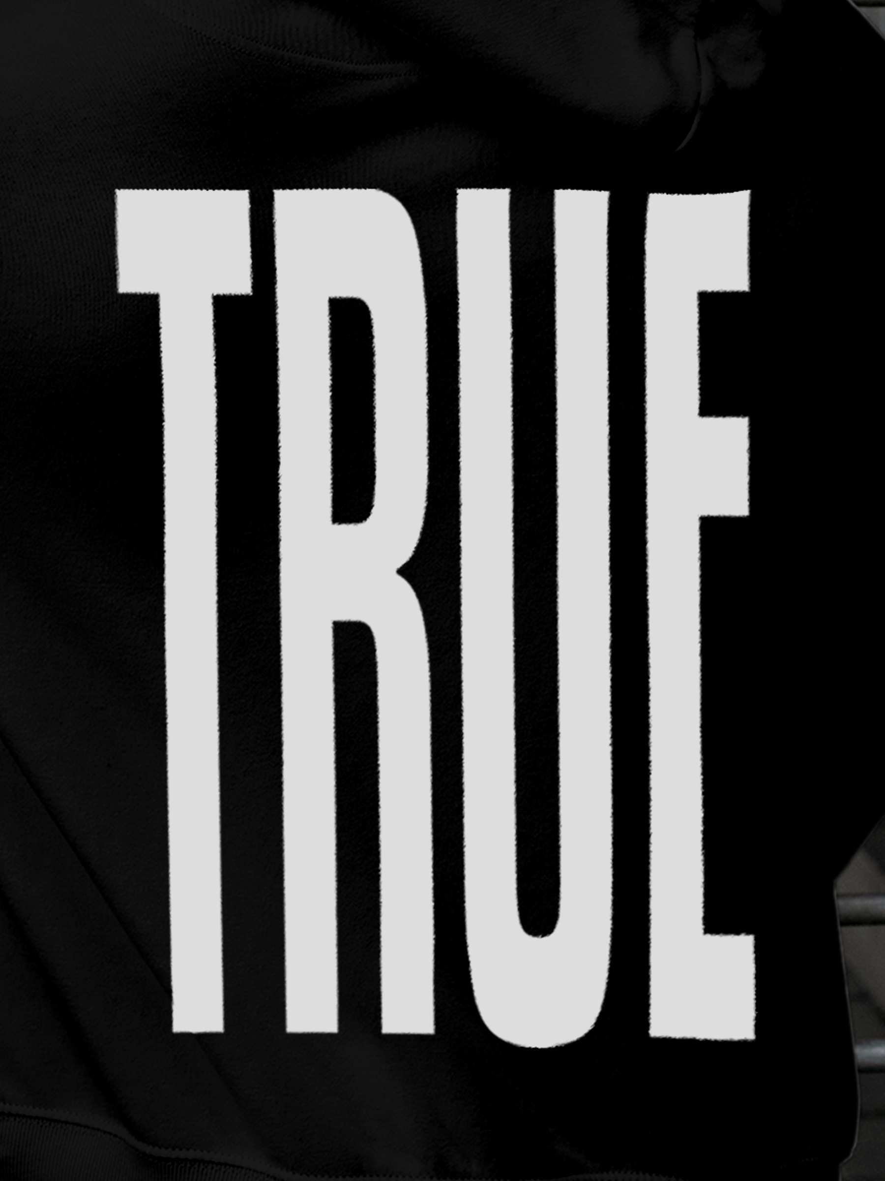 Close up of 'Truth' design on Men's Black Hoodie Sweatshirt, highlighting intricate details and vibrant print.