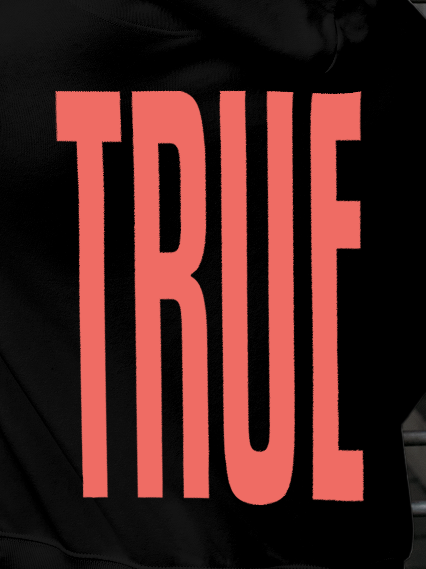 Close up of 'Truth' design on Men's Black Hoodie Sweatshirt, highlighting intricate details and vibrant print.