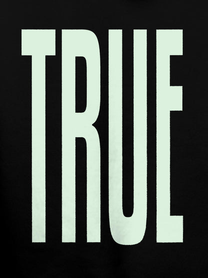 Close up of 'Truth' design on Women's Black Hoodie Sweatshirt, highlighting intricate details and vibrant print.