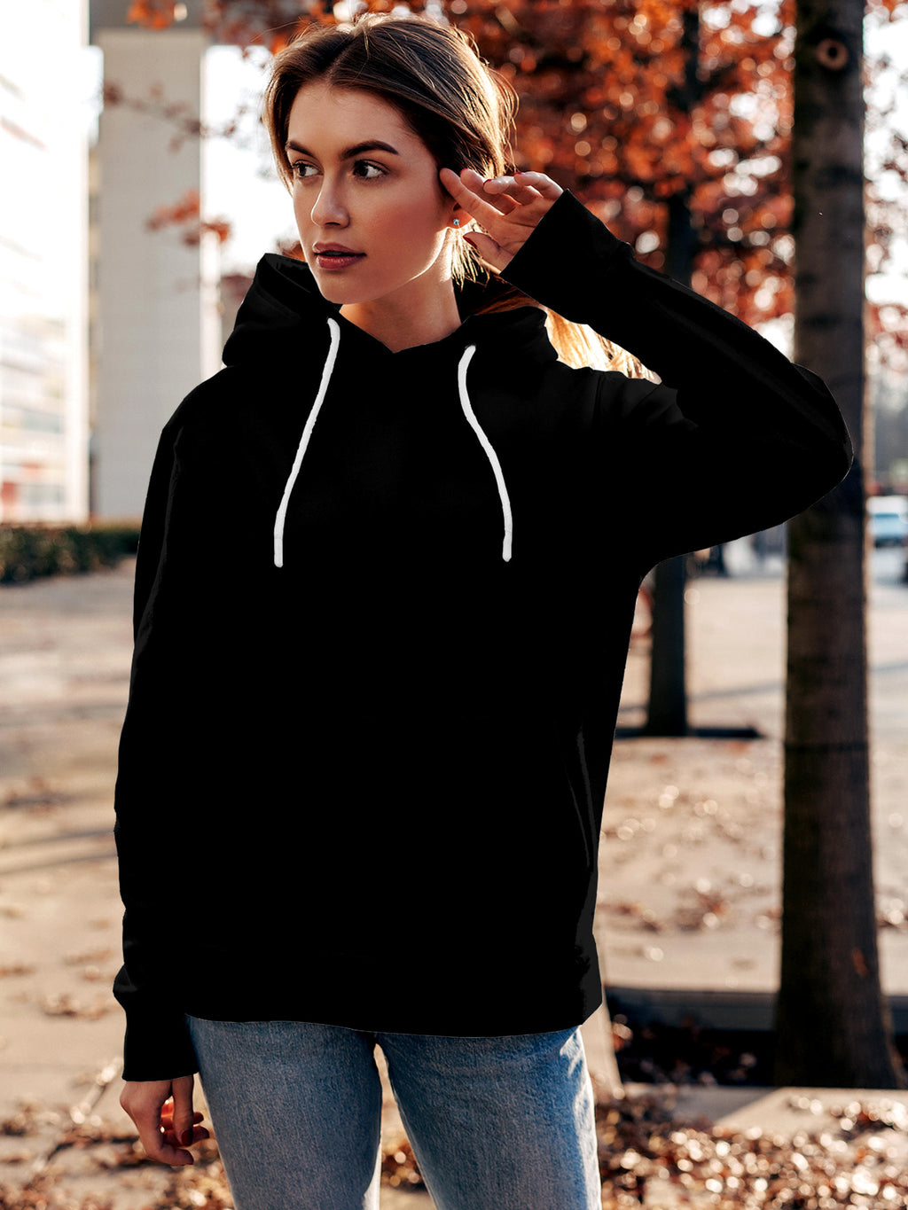 Front view of Fighterhero Women's Black Hoodie Sweatshirt, highlighting the modern look and clean finish