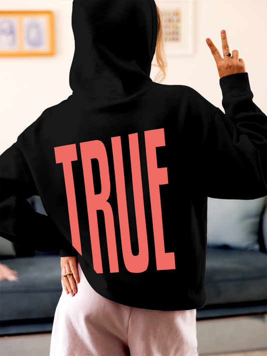 Fighterhero Hoodie Collection: Model wearing Women's Black Hoodie Sweatshirt with 'Truth' design