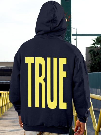 Model wearing Men's Navy Blue Hoodie Sweatshirt with 'Truth' design, offering effortless style and premium comfort