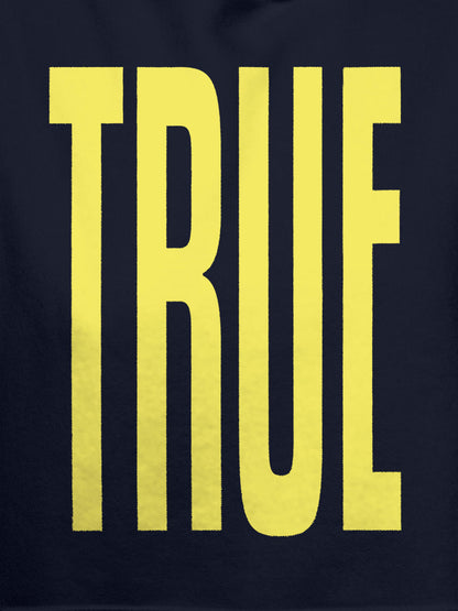 Close up of 'Truth' design on Men's Navy Blue Hoodie Sweatshirt, highlighting intricate details and vibrant print.