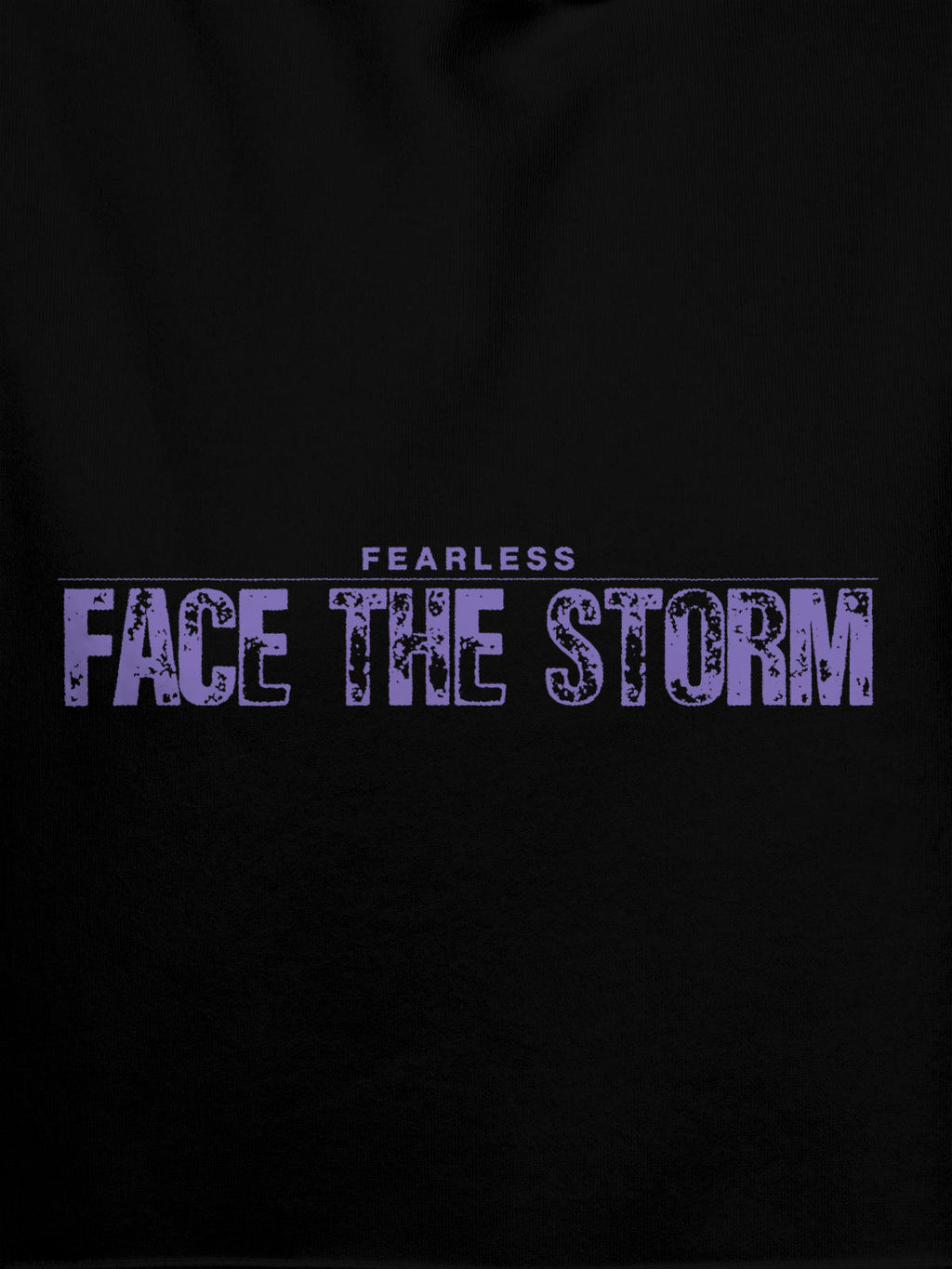 Close up of 'Fearless. Face the Storm' design on Men's Black Hoodie Sweatshirt, highlighting intricate details and vibrant print.