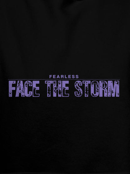 Close up of 'Fearless. Face the Storm' design on Men's Black Hoodie Sweatshirt, highlighting intricate details and vibrant print.