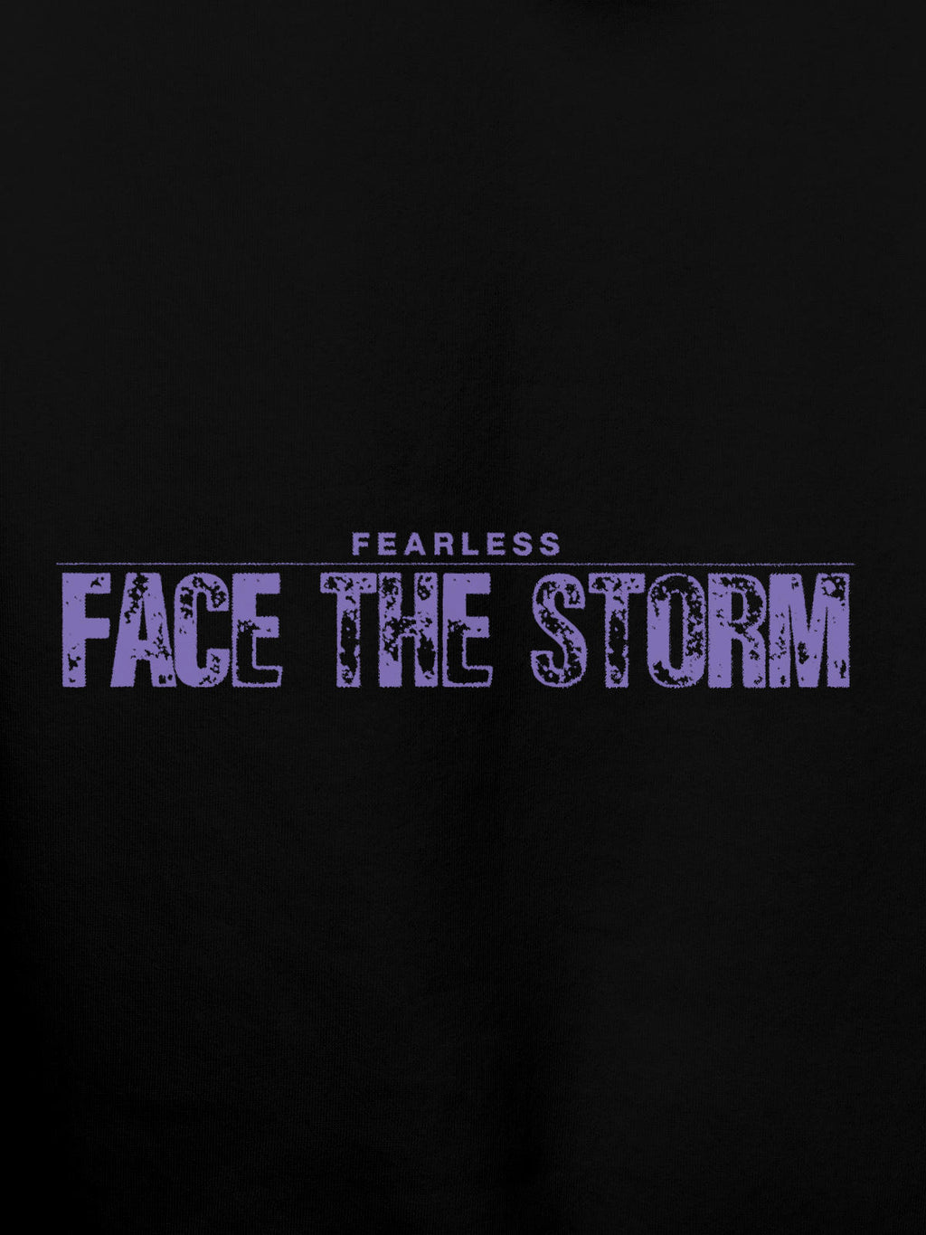 Close up of 'Fearless. Face the Storm' design on Women's Black Hoodie Sweatshirt, highlighting intricate details and vibrant print.