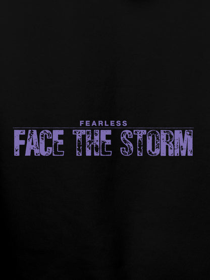 Close up of 'Fearless. Face the Storm' design on Women's Black Hoodie Sweatshirt, highlighting intricate details and vibrant print.