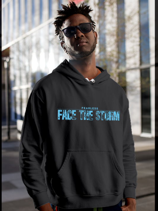 Fighterhero Hoodie Collection: Model wearing Men's Charcoal Grey Hoodie Sweatshirt with 'Fearless. Face the Storm' design