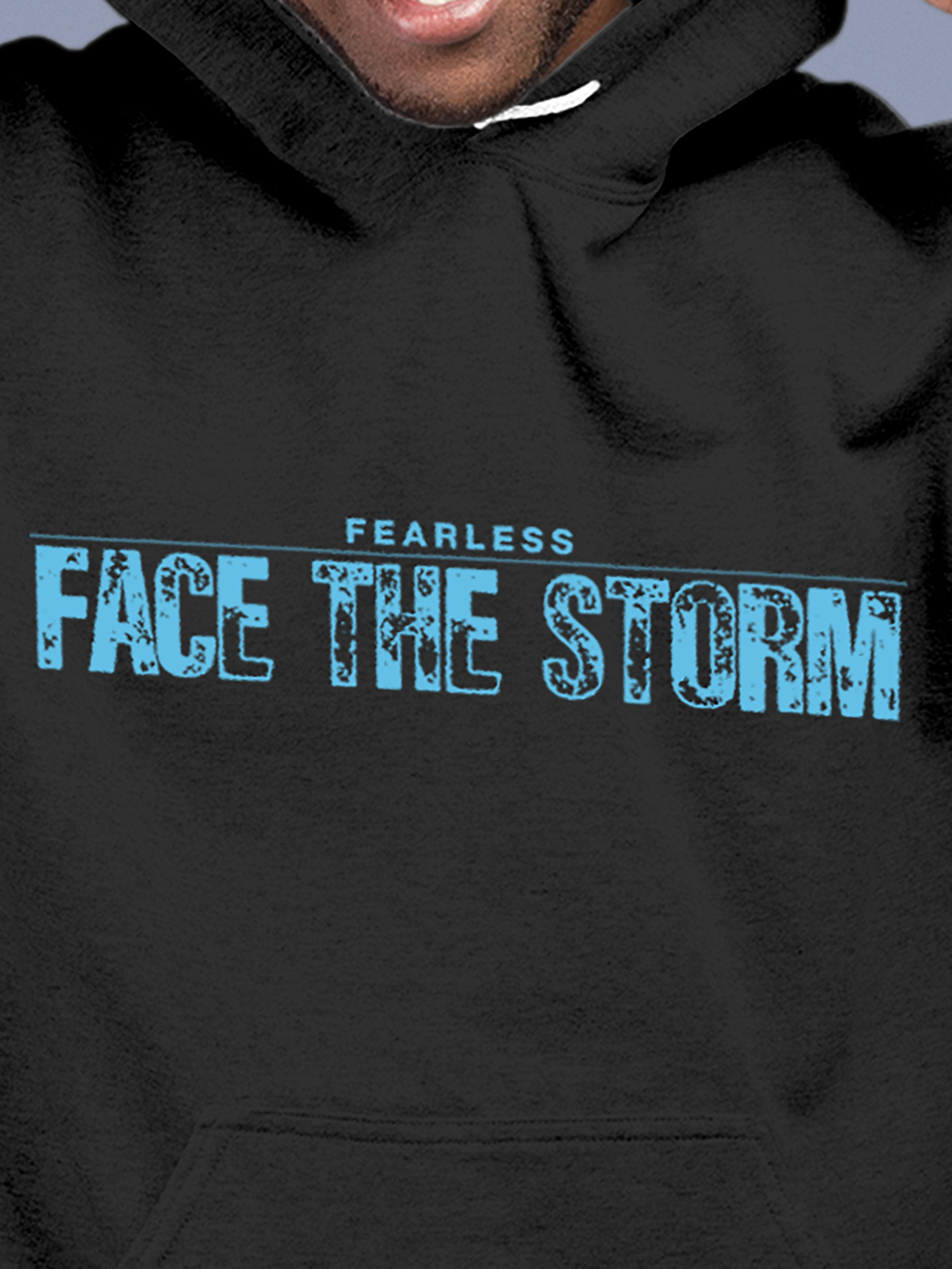 Close up of 'Fearless. Face the Storm' design on Men's Charcoal Grey Hoodie Sweatshirt, highlighting intricate details and vibrant print.