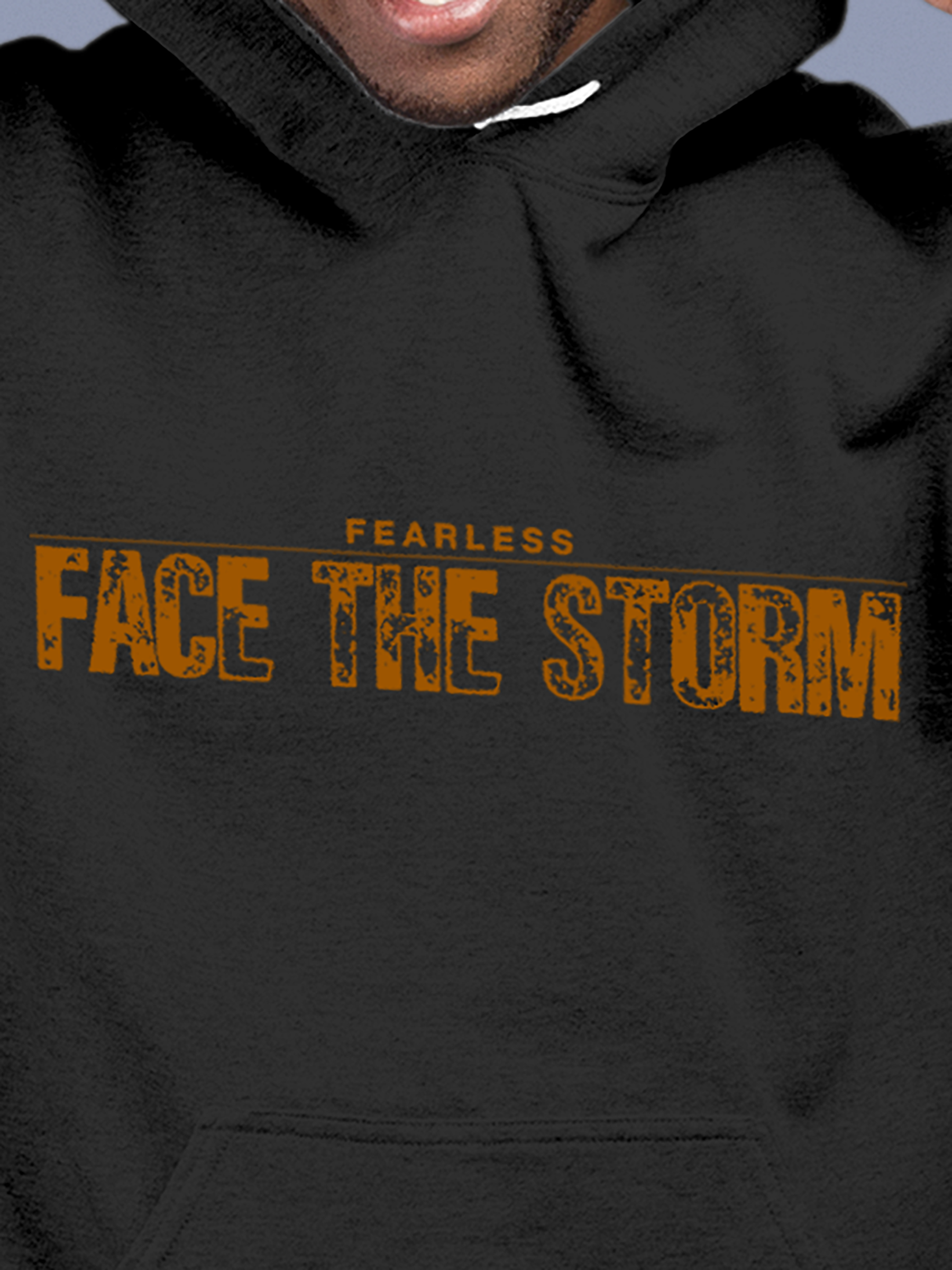 Close up of 'Fearless. Face the Storm' design on Men's Charcoal Grey Hoodie Sweatshirt, highlighting intricate details and vibrant print.