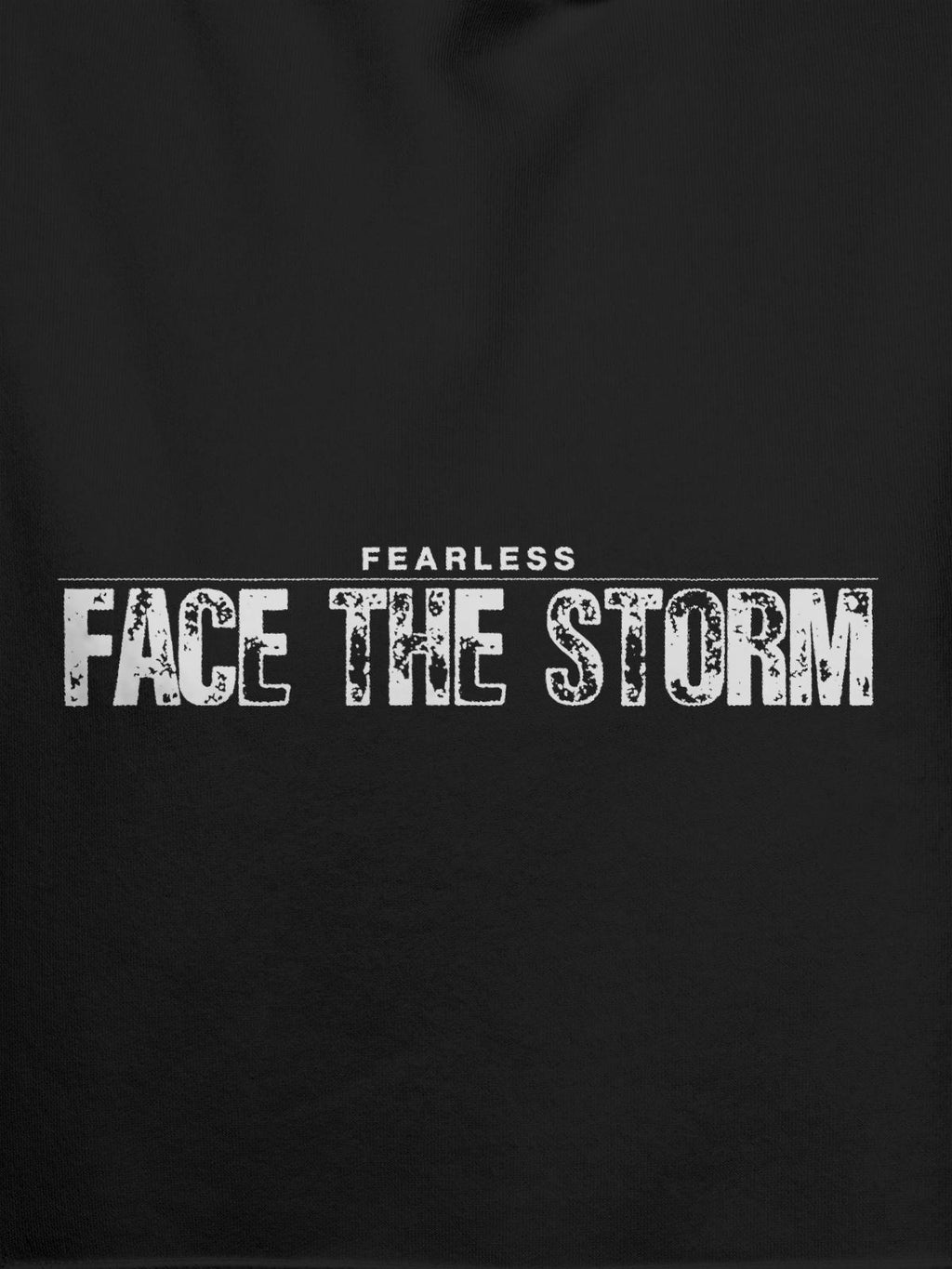 Close up of 'Fearless. Face the Storm' design on Men's Dark Grey Hoodie Sweatshirt, highlighting intricate details and vibrant print.