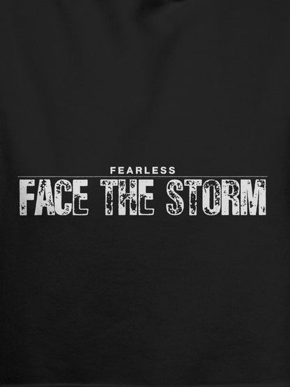Close up of 'Fearless. Face the Storm' design on Men's Dark Grey Hoodie Sweatshirt, highlighting intricate details and vibrant print.