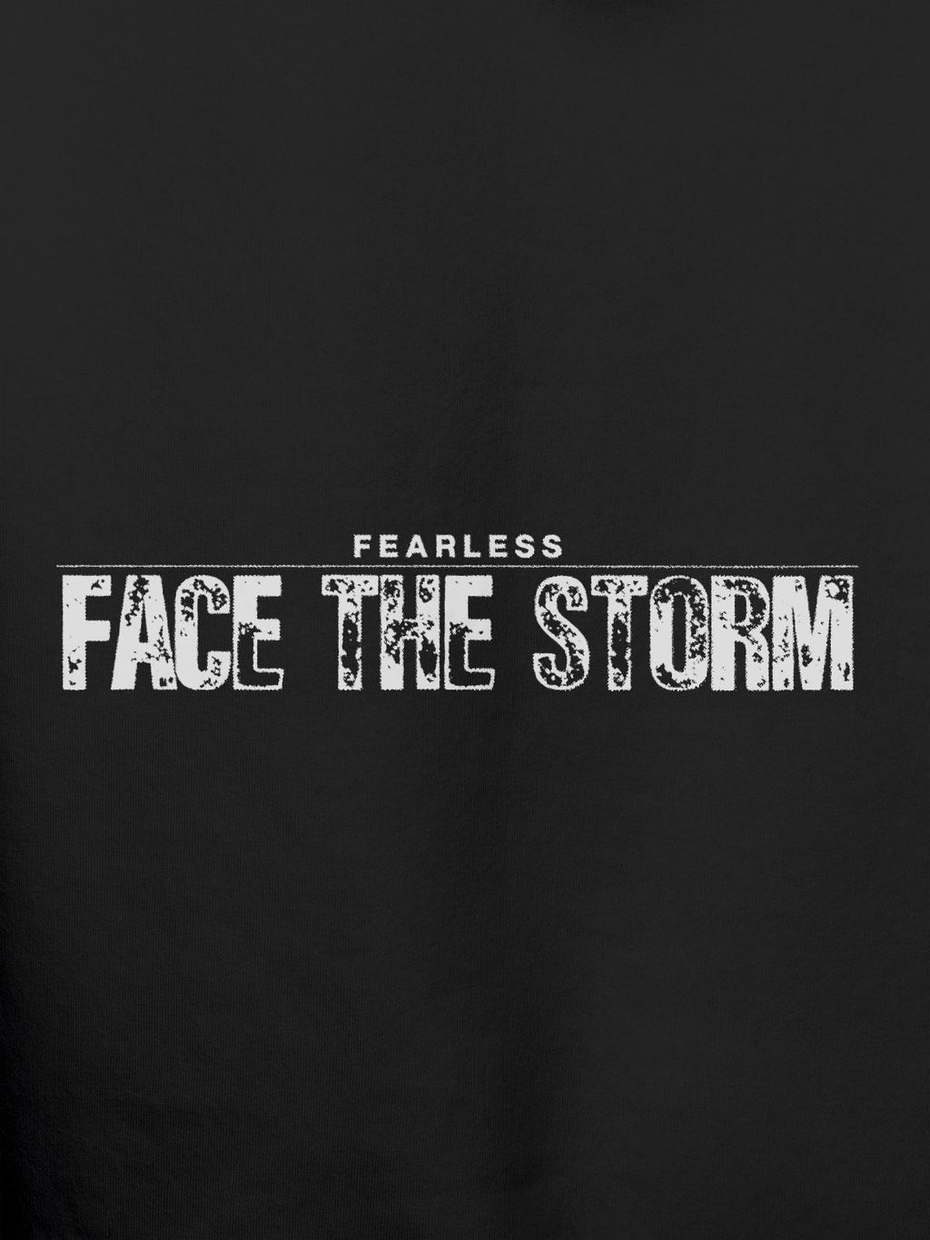 Close up of 'Fearless. Face the Storm' design on Women's Dark Grey Hoodie Sweatshirt, highlighting intricate details and vibrant print.