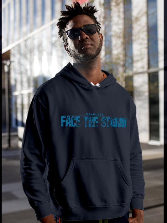 Model wearing Men's Navy Blue Hoodie Sweatshirt with 'Fearless. Face the Storm' design, offering effortless style and premium comfort