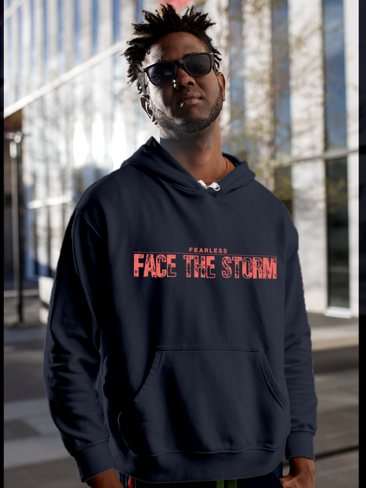Fighterhero Hoodie Collection: Model wearing Men's Navy Blue Hoodie Sweatshirt with 'Fearless. Face the Storm' design