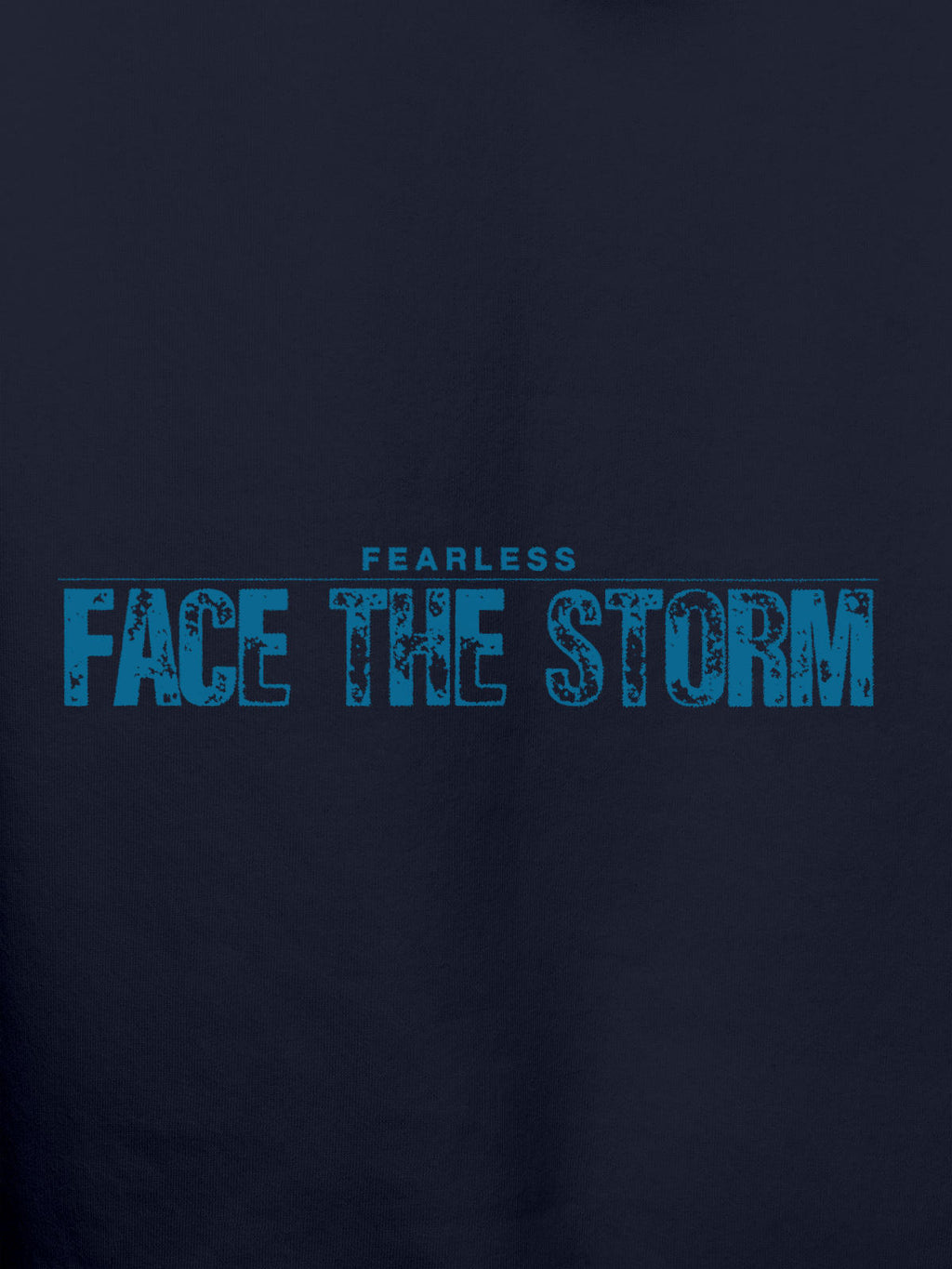 Close up of 'Fearless. Face the Storm' design on Women's Navy Blue Hoodie Sweatshirt, highlighting intricate details and vibrant print.