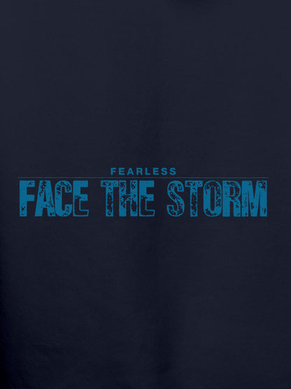 Close up of 'Fearless. Face the Storm' design on Women's Navy Blue Hoodie Sweatshirt, highlighting intricate details and vibrant print.