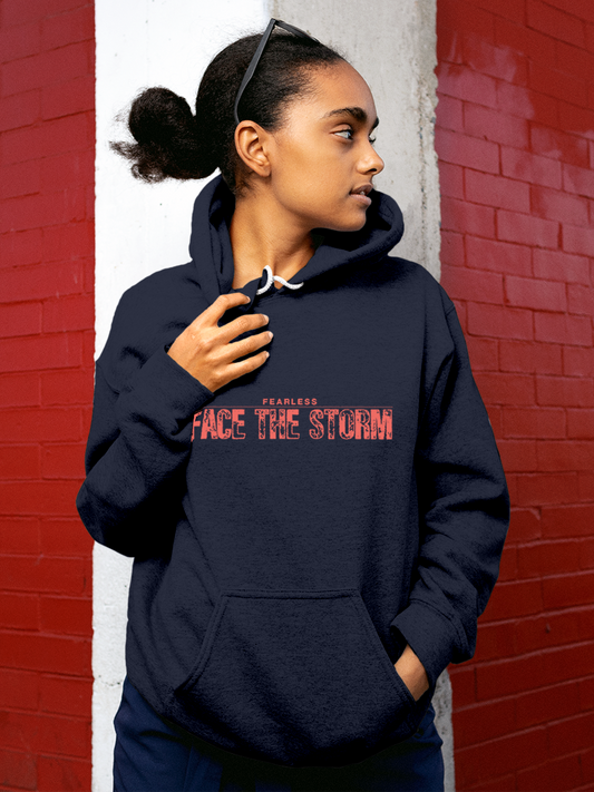 Fighterhero Hoodie Collection: Model wearing Women's Navy Blue Hoodie Sweatshirt with 'Fearless. Face the Storm' design