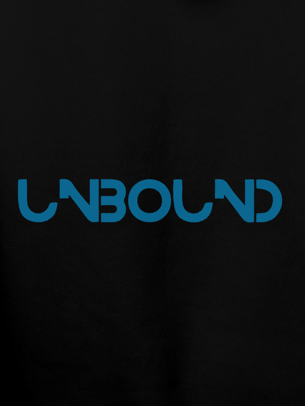Close up of 'Unbound' design on Men's Black Hoodie Sweatshirt, highlighting intricate details and vibrant print.
