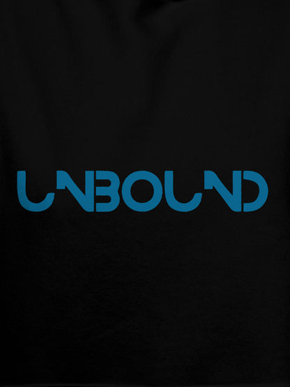 Close up of 'Unbound' design on Women's Black Hoodie Sweatshirt, highlighting intricate details and vibrant print.