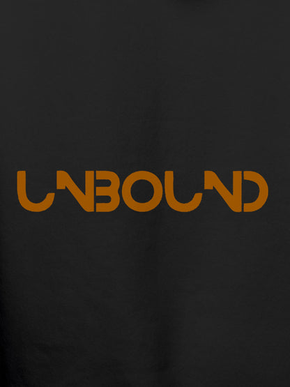 Close up of 'Unbound' design on Men's Dark Grey Hoodie Sweatshirt, highlighting intricate details and vibrant print.