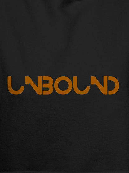Close up of 'Unbound' design on Women's Dark Grey Hoodie Sweatshirt, highlighting intricate details and vibrant print.