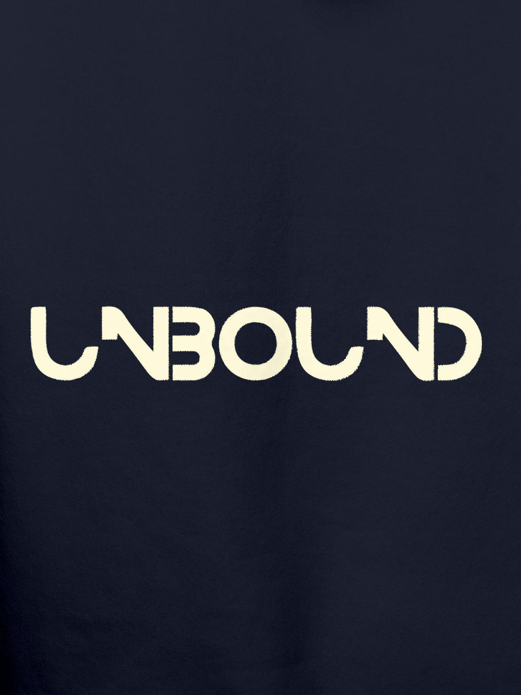 Close up of 'Unbound' design on Men's Navy Blue Hoodie Sweatshirt, highlighting intricate details and vibrant print.