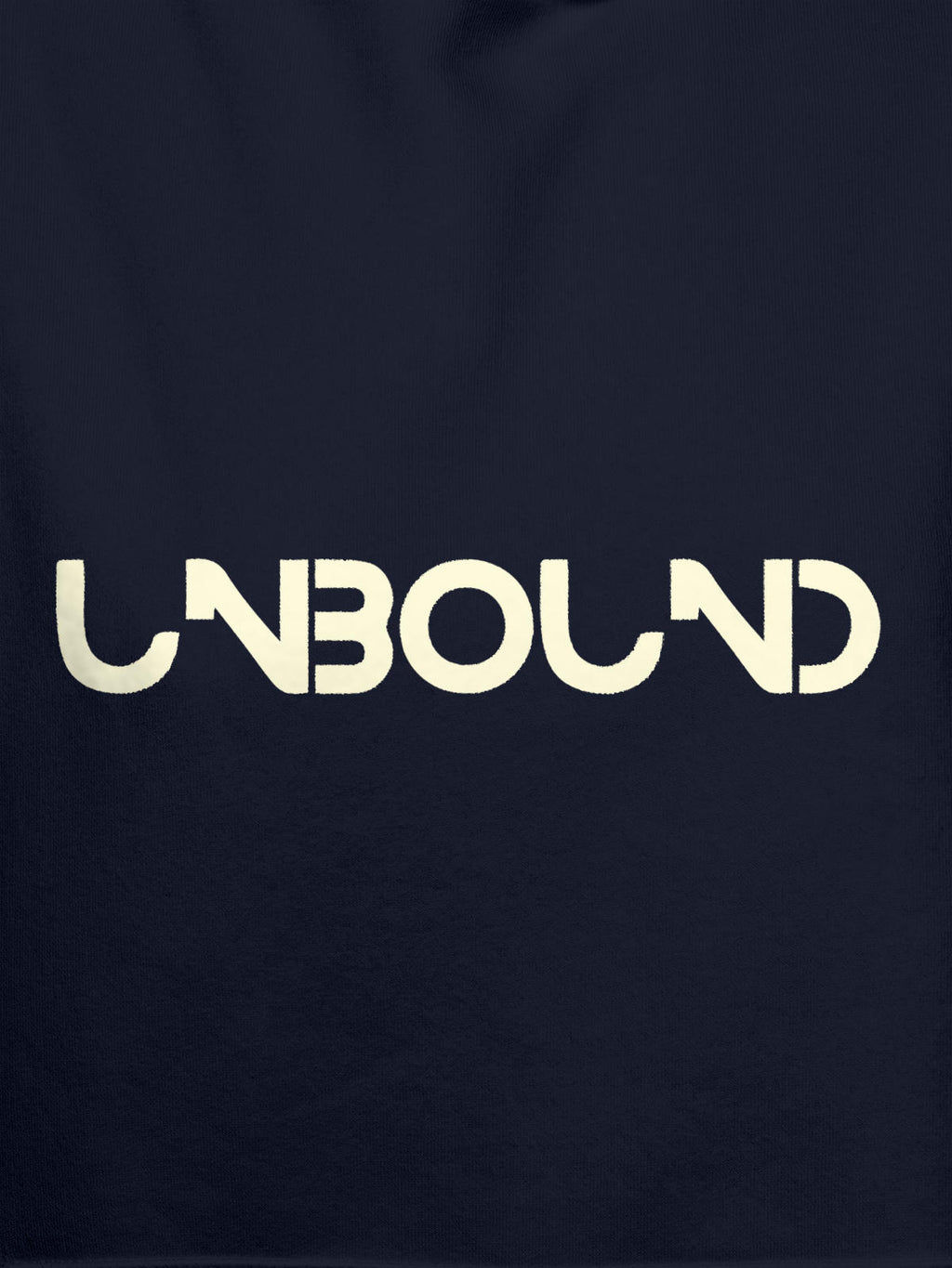 Close up of 'Unbound' design on Women's Navy Blue Hoodie Sweatshirt, highlighting intricate details and vibrant print.