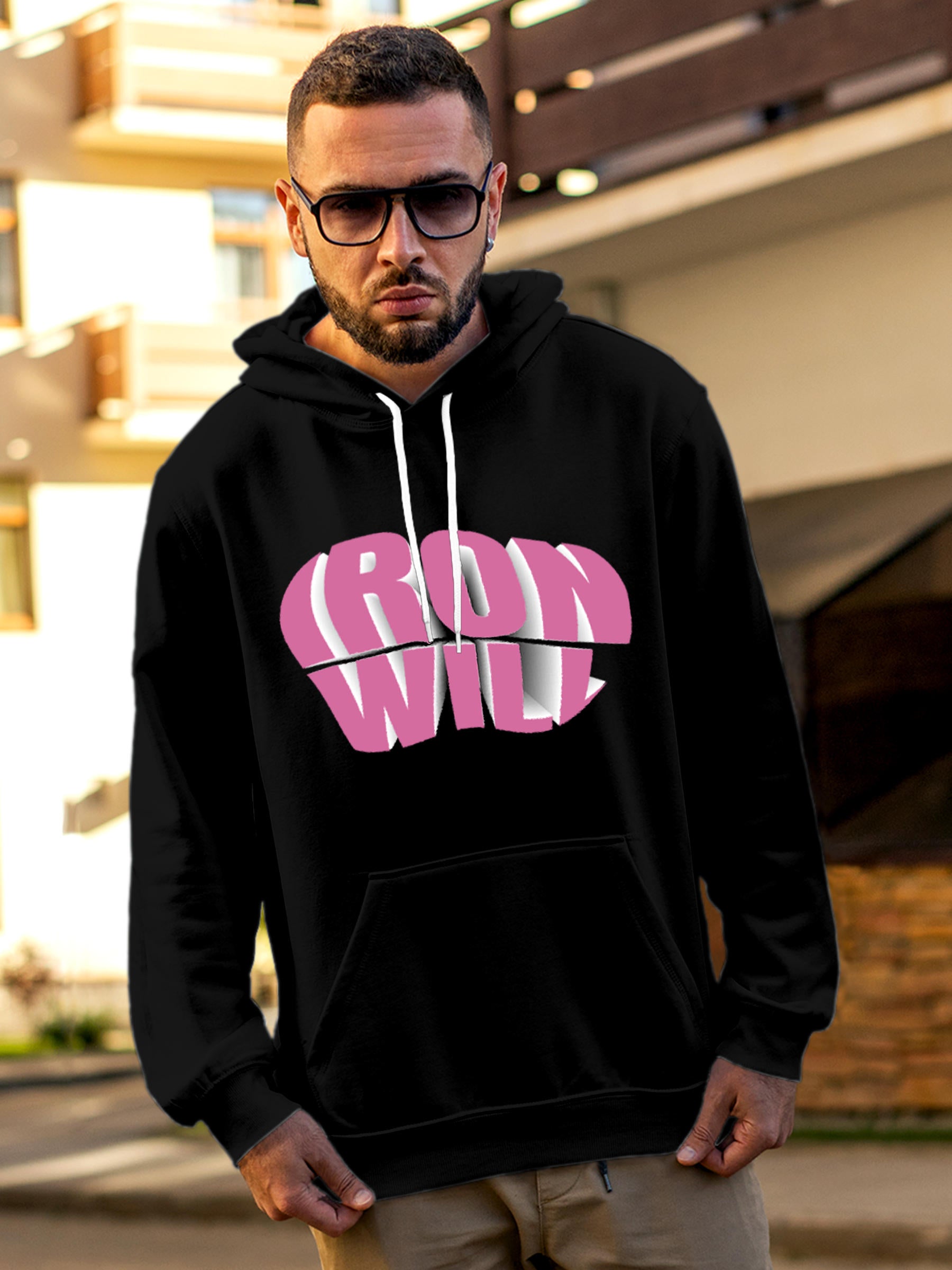 Model wearing Men's Black Hoodie Sweatshirt with 'Iron Will' design, offering effortless style and premium comfort