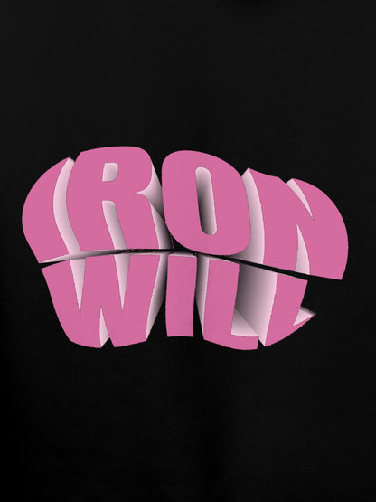 Close up of 'Iron Will' design on Women's Black Hoodie Sweatshirt, highlighting intricate details and vibrant print.