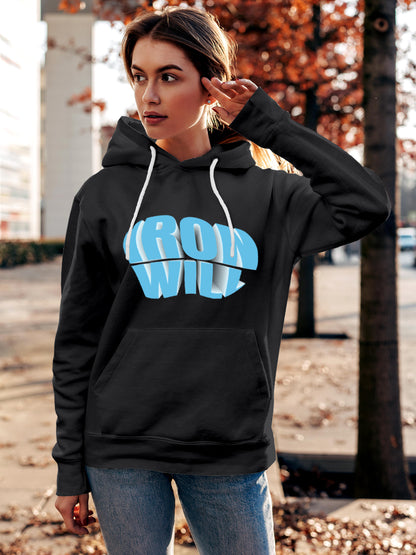 Model wearing Women's Dark Grey Hoodie Sweatshirt with 'Iron Will' design, offering effortless style and premium comfort