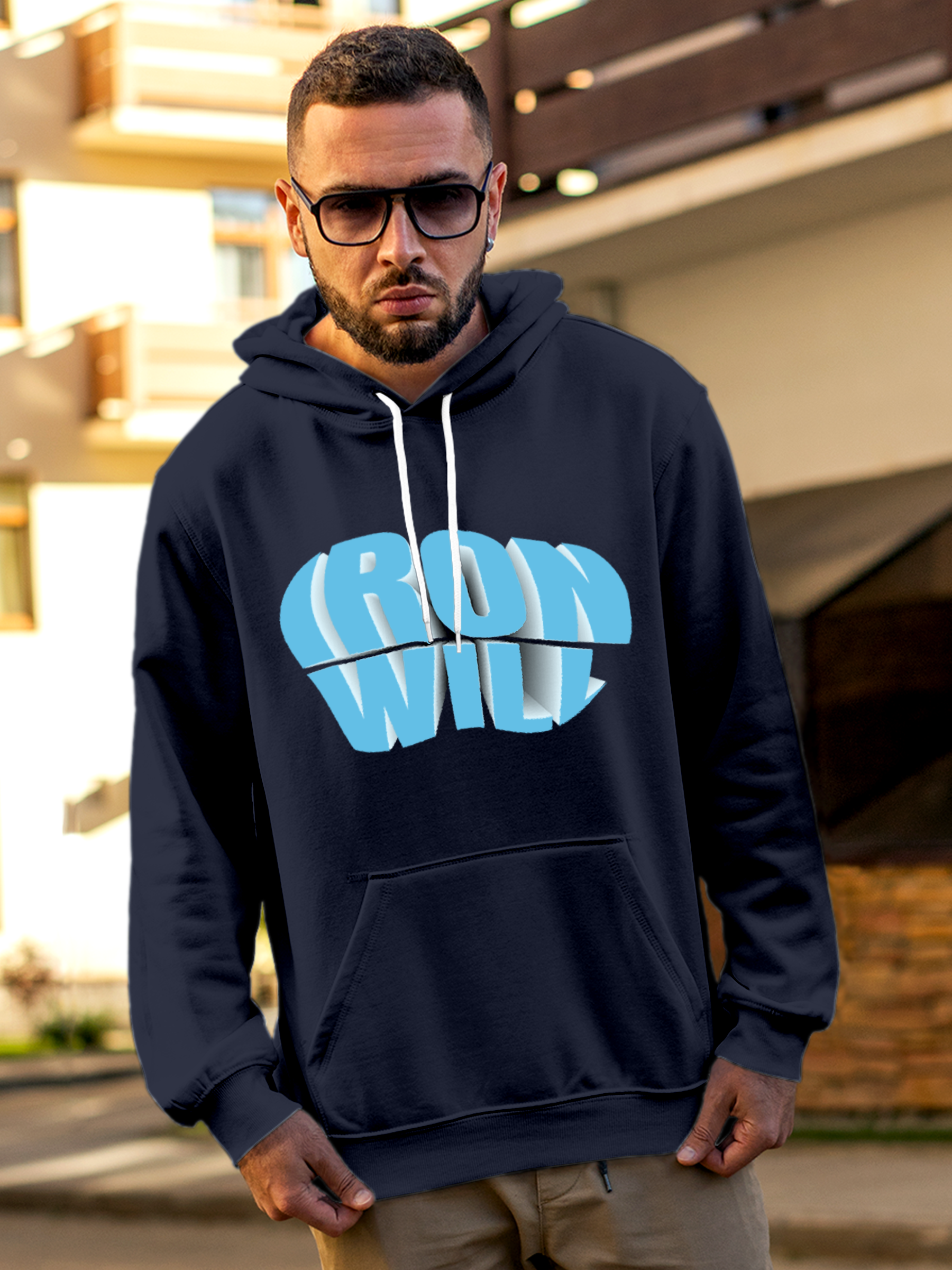 Model wearing Men's Navy Blue Hoodie Sweatshirt with 'Iron Will' design, offering effortless style and premium comfort