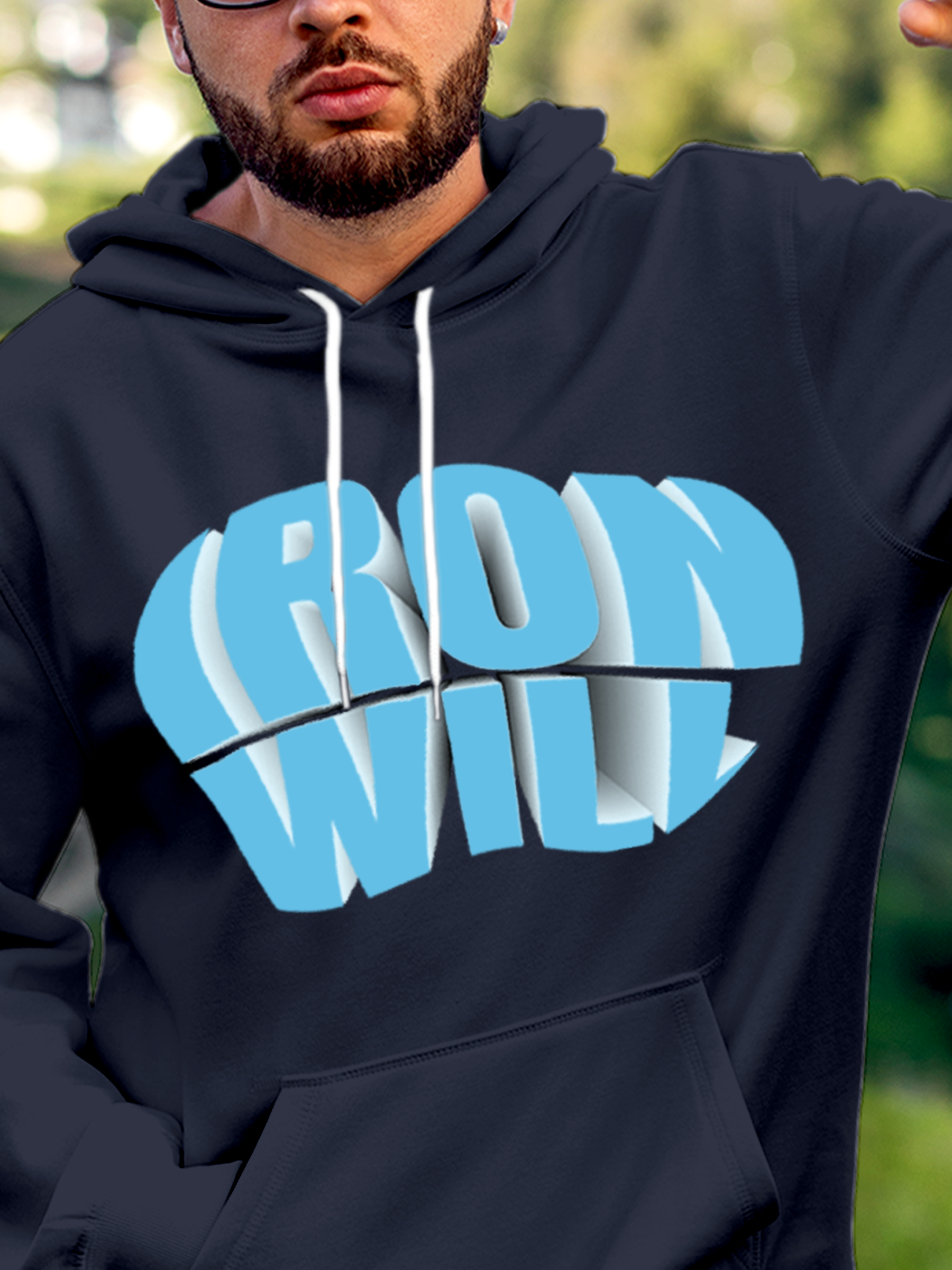 Close up of 'Iron Will' design on Men's Navy Blue Hoodie Sweatshirt, highlighting intricate details and vibrant print.