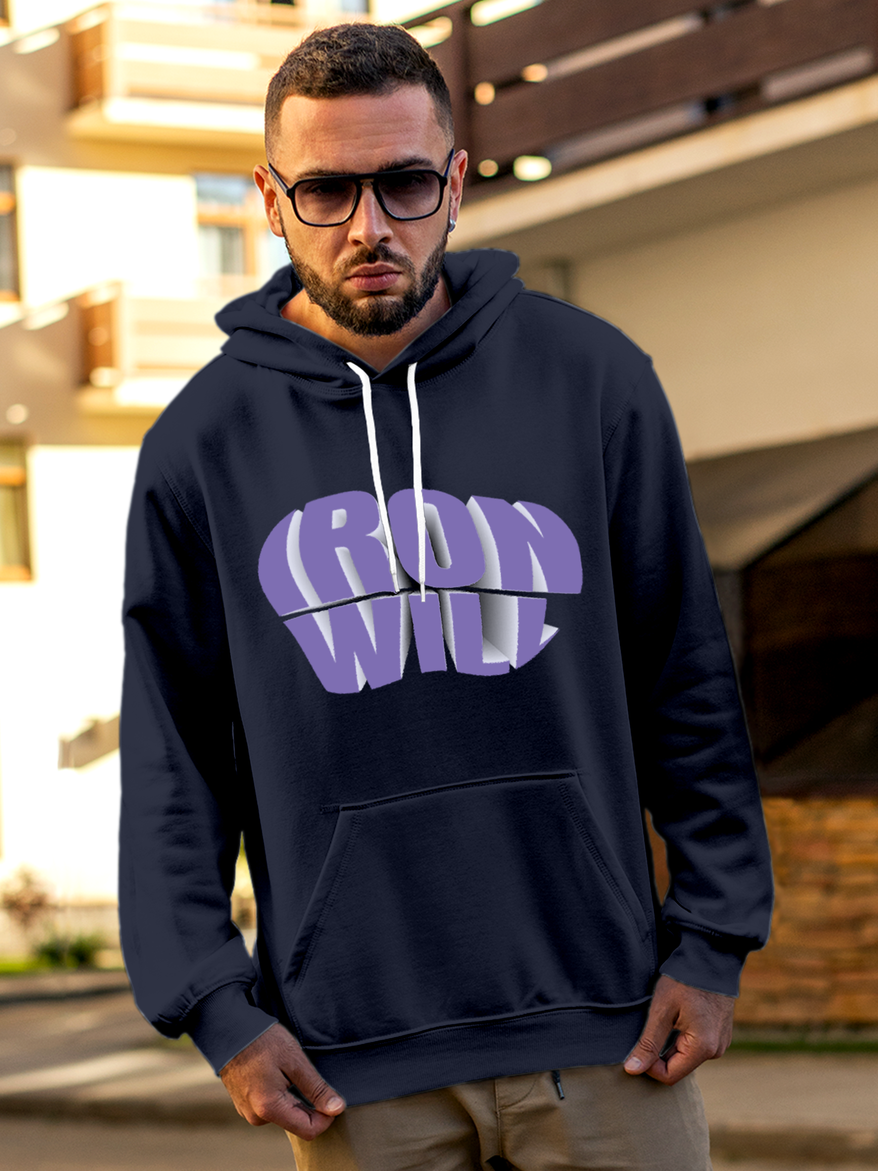 Model wearing Men's Navy Blue Hoodie Sweatshirt with 'Iron Will' design, offering effortless style and premium comfort