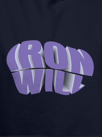 Close up of 'Iron Will' design on Men's Navy Blue Hoodie Sweatshirt, highlighting intricate details and vibrant print.