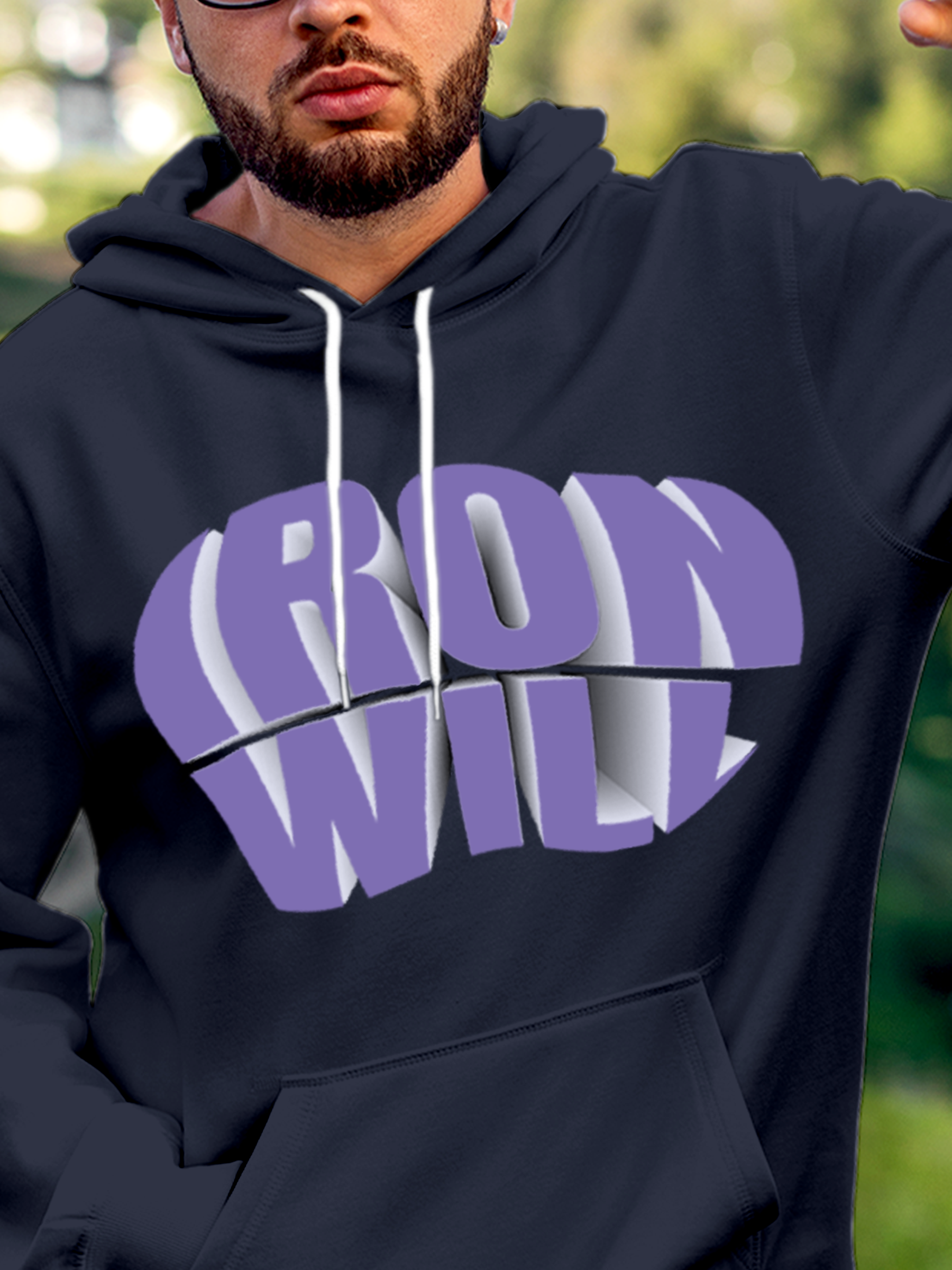 Close up of 'Iron Will' design on Men's Navy Blue Hoodie Sweatshirt, highlighting intricate details and vibrant print.