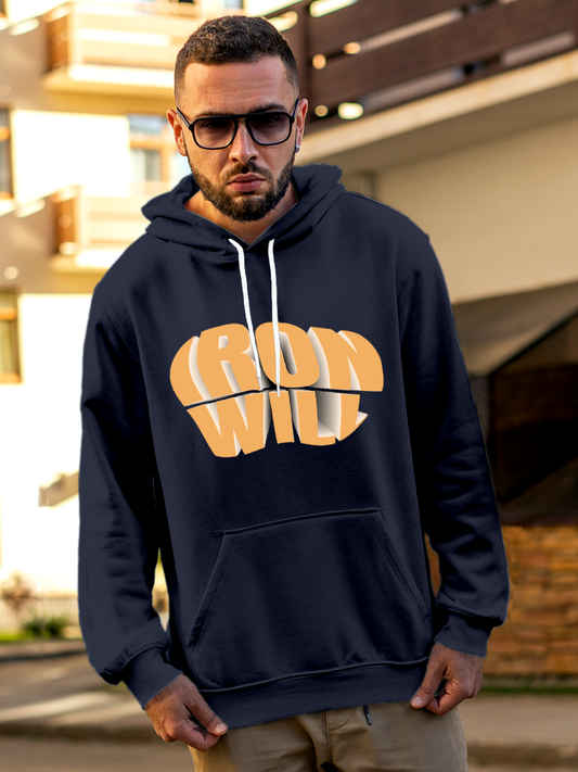 Fighterhero Hoodie Collection: Model wearing Men's Navy Blue Hoodie Sweatshirt with 'Iron Will' design