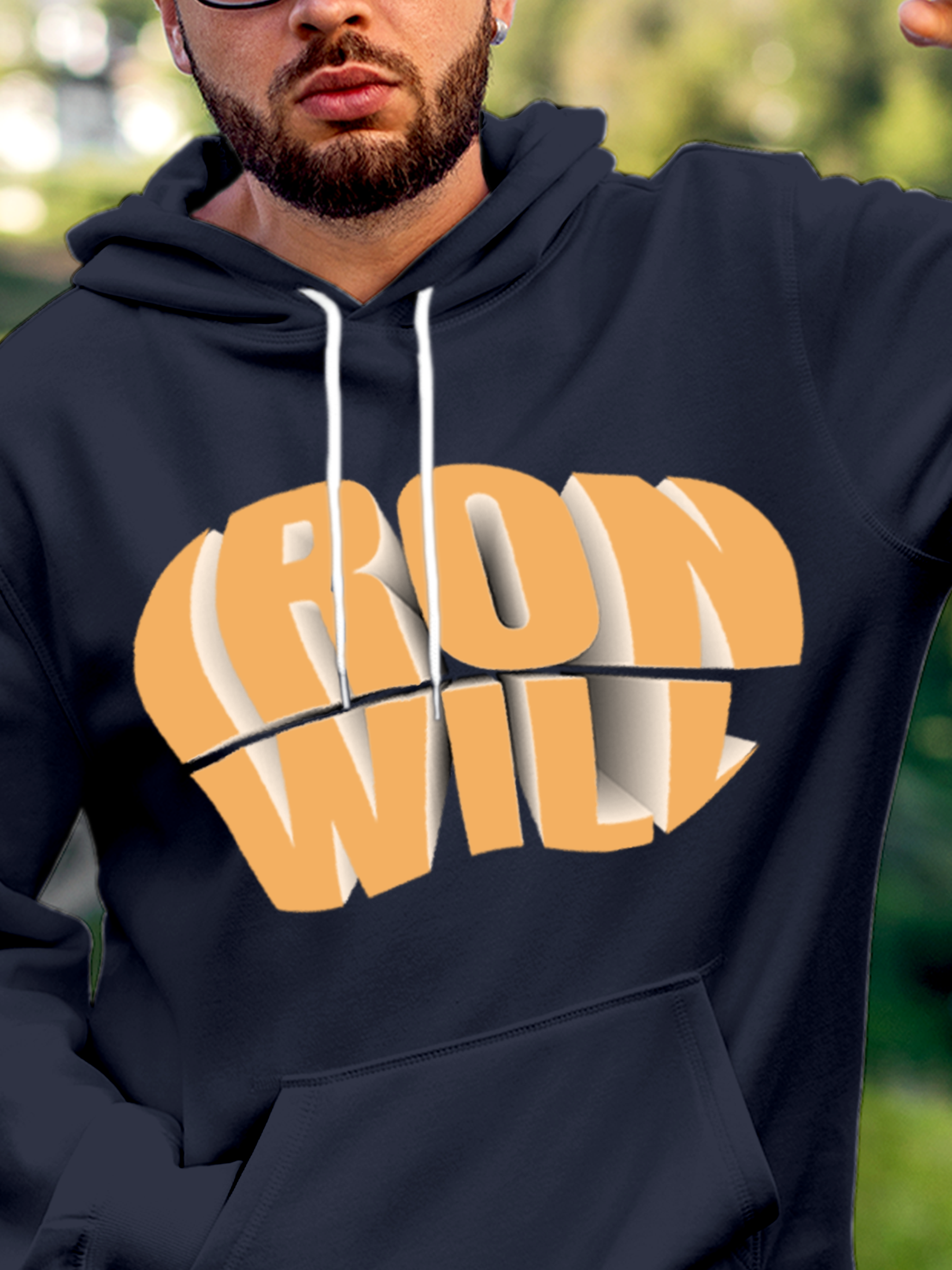 Close up of 'Iron Will' design on Men's Navy Blue Hoodie Sweatshirt, highlighting intricate details and vibrant print.