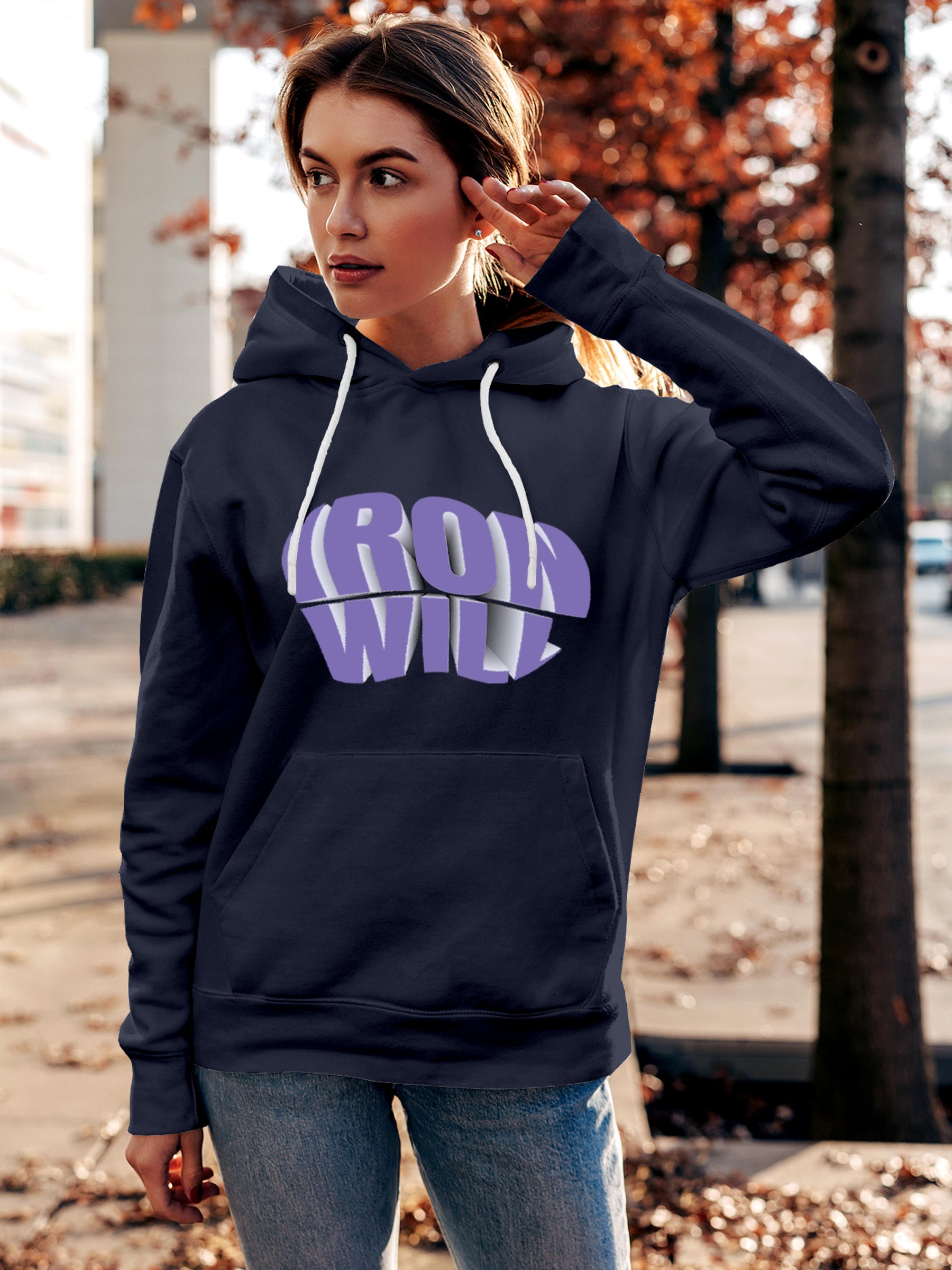 Model wearing Women's Navy Blue Hoodie Sweatshirt with 'Iron Will' design, offering effortless style and premium comfort