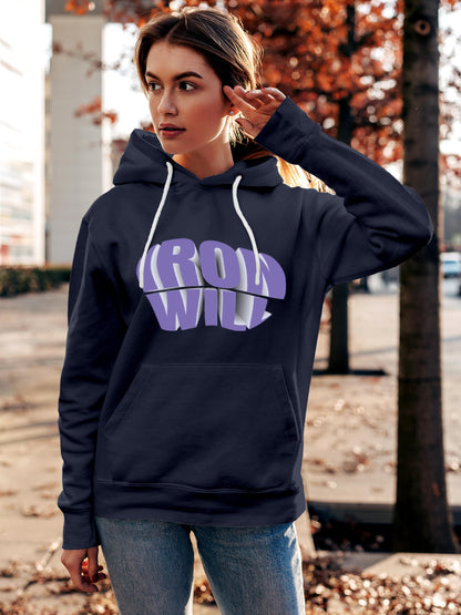 Model wearing Women's Navy Blue Hoodie Sweatshirt with 'Iron Will' design, offering effortless style and premium comfort