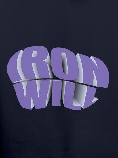 Close up of 'Iron Will' design on Women's Navy Blue Hoodie Sweatshirt, highlighting intricate details and vibrant print.