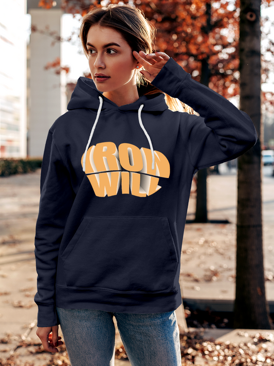 Fighterhero Hoodie Collection: Model wearing Women's Navy Blue Hoodie Sweatshirt with 'Iron Will' design