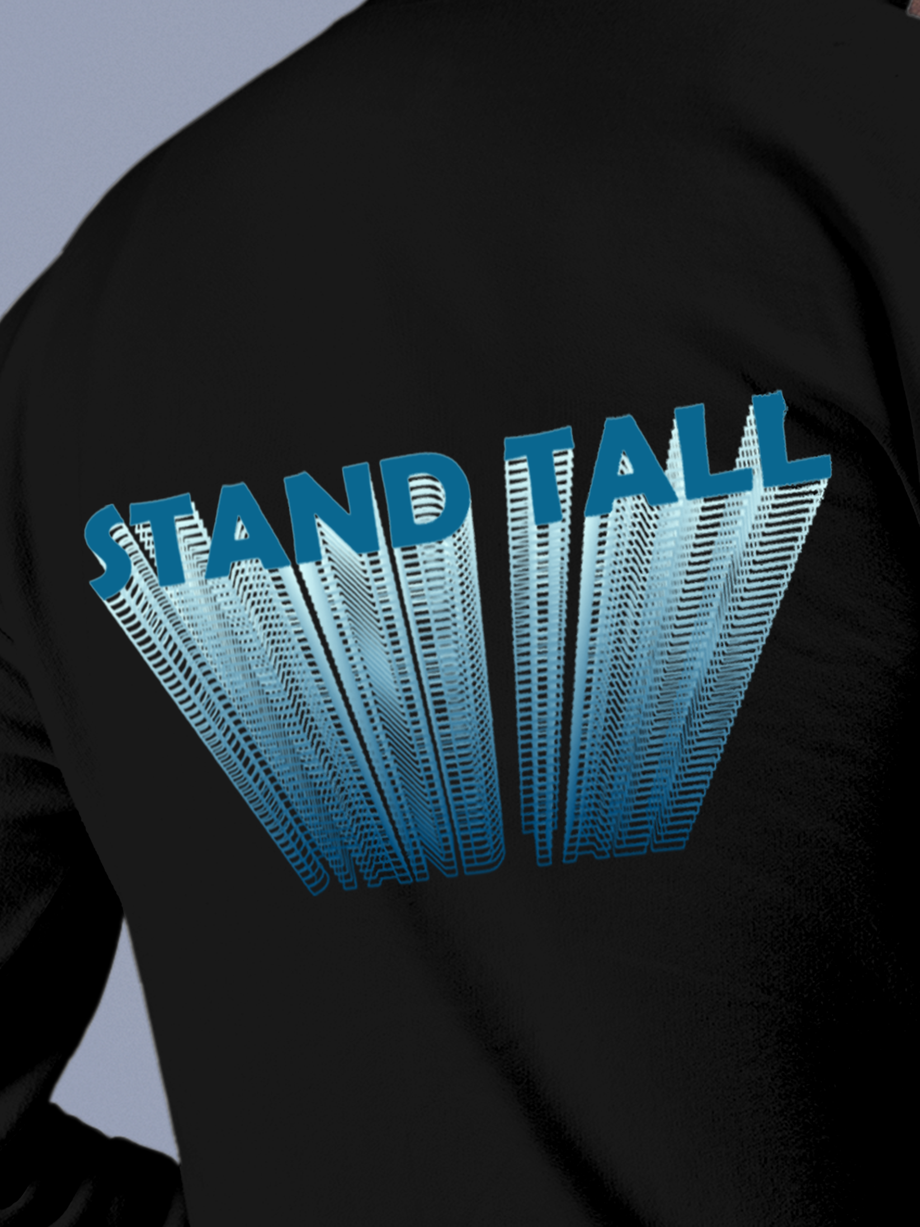 Close up of 'Stand Tall' design on Men's Black Hoodie Sweatshirt, highlighting intricate details and vibrant print.