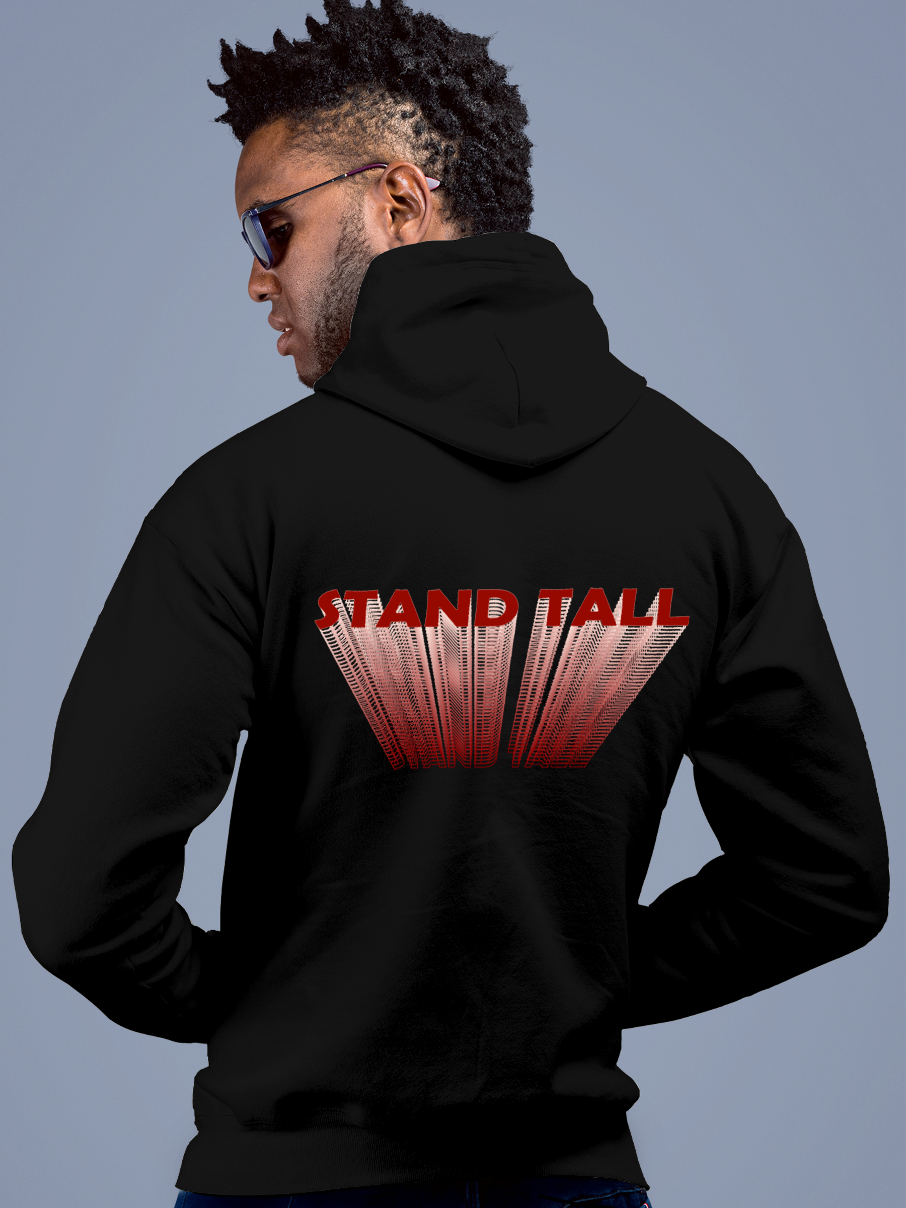 Fighterhero Hoodie Collection: Model wearing Men's Black Hoodie Sweatshirt with 'Stand Tall' design