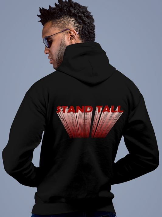 Fighterhero Hoodie Collection: Model wearing Men's Black Hoodie Sweatshirt with 'Stand Tall' design